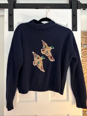 Maeve Navy Cowlneck Sweater with Embroidered Ducks